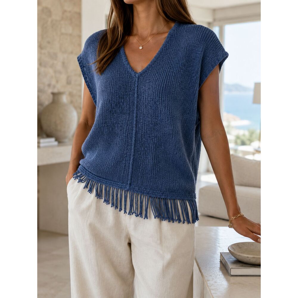 J Jill Pure Jill Blue Fringe Knit Sweater Vest Poncho Women's Small NWT Boho